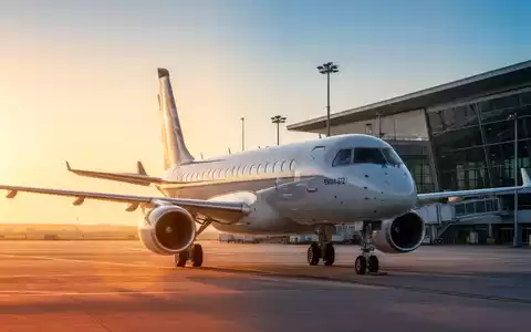 Ein modernes Embraer E195-E2 Passagierflugzeug auf einem Rollfeld bei Sonnenaufgang, mit einem Flughafenterminal im Hintergrund. - Foto: über boerse-global.de