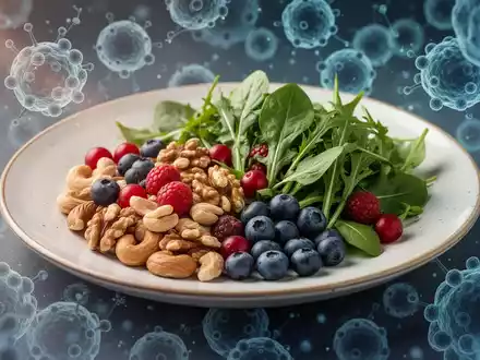 Eine gesunde Mahlzeit mit Nüssen, Beeren und grünem Blattgemüse, die einen Bezug zur männlichen Fruchtbarkeit herstellt. - Foto: über boerse-global.de