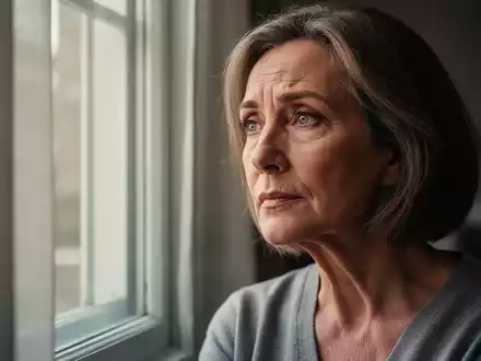 Eine nachdenkliche Frau mittleren Alters blickt mit ernstem Ausdruck aus einem Fenster, symbolisierend Reflexion und hormonelle Veränderungen. - Foto: über boerse-global.de