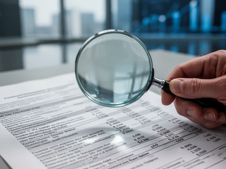 Eine Hand hält eine Lupe über ein Finanzdokument mit Zahlen und Gesetzestext, das die Prüfung von Krankenversicherungszuschüssen symbolisiert. - Foto: über boerse-global.de