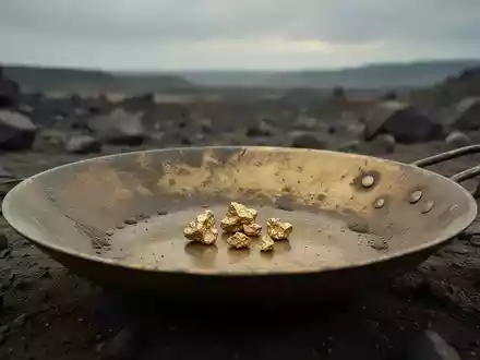 Eine verwitterte Goldpfanne mit wenigen kleinen, matten Goldnuggets vor einer unscharfen, kargen Felslandschaft unter bewölktem Himmel. - Foto: über boerse-global.de