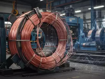 Eine große Spule Kupferdraht in einer Industrieumgebung mit einem subtil überlagerten Finanzdiagramm im Hintergrund. - Foto: über boerse-global.de