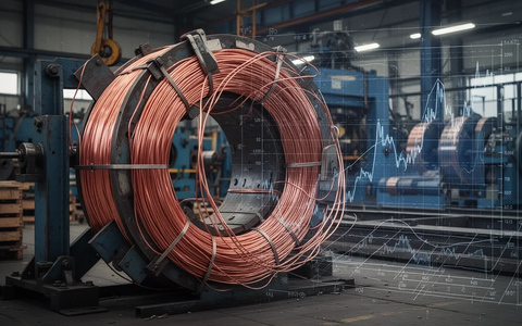 Eine große Spule Kupferdraht in einer Industrieumgebung mit einem subtil überlagerten Finanzdiagramm im Hintergrund. - Foto: über boerse-global.de