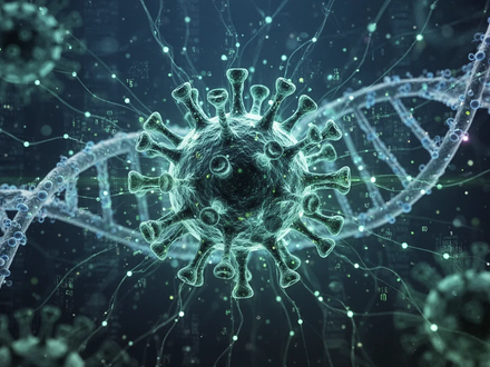 A glowing neural network overlaying a virus particle, with DNA strands and data points, symbolizing AI-designed vaccines. - Foto: über boerse-global.de
