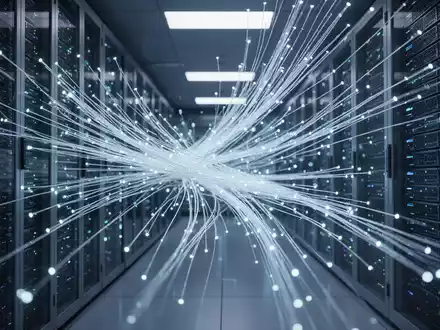 Glowing fiber optic cables connect sleek server racks in a high-tech data center, illustrating advanced networking for AI. - Foto: über boerse-global.de