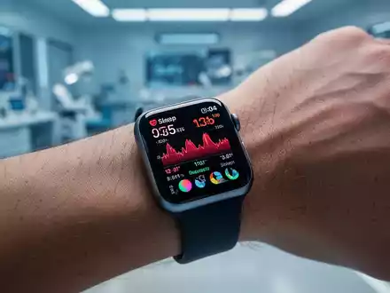 Apple Watch Series 11 on a wrist displaying health data, with a blurred medical lab in the background. - Foto: über boerse-global.de