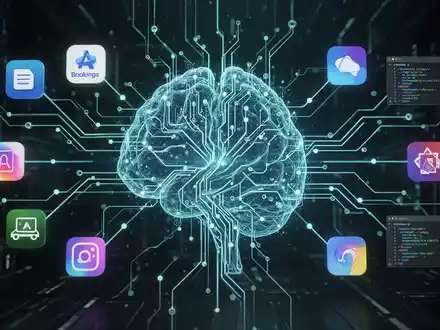 A glowing, interconnected neural network representing an AI superapp, with digital lines extending to abstract icons of integrated services. - Foto: über boerse-global.de