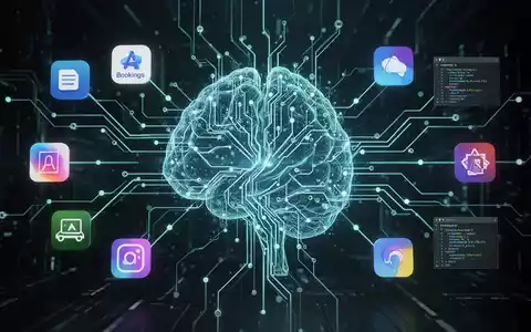 A glowing, interconnected neural network representing an AI superapp, with digital lines extending to abstract icons of integrated services. - Foto: über boerse-global.de