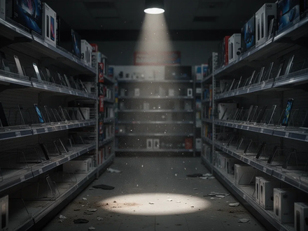Leere Regale in einem dunklen Elektronikgeschäft, ein Lichtstrahl beleuchtet Staubpartikel, was auf einen Diebstahl hindeutet. - Foto: über boerse-global.de