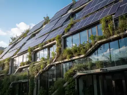 Eine moderne Gebäudefassade mit grünen Elementen und Solarpaneelen, die den Himmel widerspiegelt, symbolisiert nachhaltiges Bauen. - Foto: über boerse-global.de