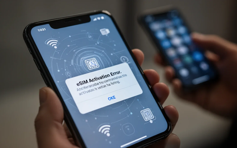 Close-up of a smartphone screen showing an eSIM activation error, with a blurred background of another phone. - Foto: über boerse-global.de