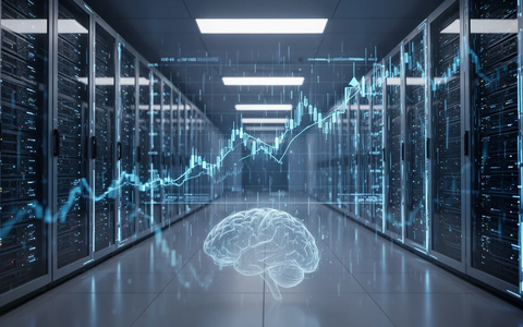 Futuristischer Serverraum mit leuchtenden Datenströmen und einer projizierten, steigenden Börsenkurve. Abstrakte Darstellung eines neuronalen Netzes. - Foto: über boerse-global.de