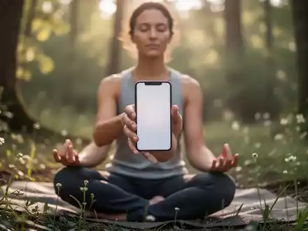 Eine Person meditiert friedlich im Freien, umgeben von Natur, mit einem Smartphone mit verblasstem Bildschirm in der Hand. - Foto: über boerse-global.de