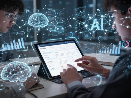 A student uses a tablet with a study app, surrounded by futuristic holographic data, symbolizing AI in education. - Foto: über boerse-global.de