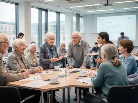 Eine vielfältige Gruppe von älteren und jungen Menschen interagiert in einer modernen Konferenzumgebung in Berlin, die Generationenverbindung symbolisierend. - Foto: über boerse-global.de