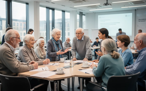 Eine vielfältige Gruppe von älteren und jungen Menschen interagiert in einer modernen Konferenzumgebung in Berlin, die Generationenverbindung symbolisierend. - Foto: über boerse-global.de