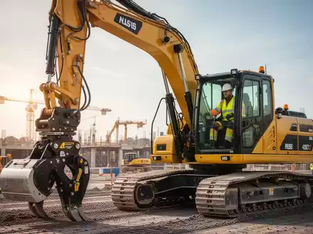 Bauarbeiter in Schutzkleidung bedient einen modernen gelben Hydraulikbagger mit vollhydraulischem Schnellwechsler auf einer Baustelle. - Foto: über boerse-global.de