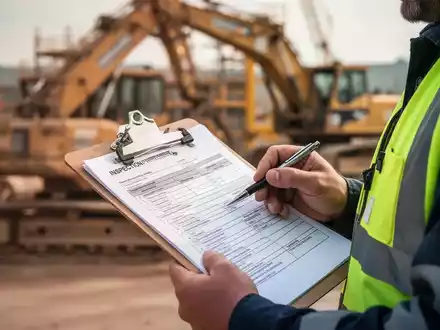Nahaufnahme eines Klemmbretts mit Inspektionsformularen und einem Stift, gehalten von einer Person in einer Warnweste. - Foto: über boerse-global.de