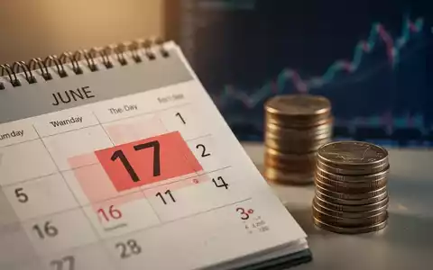 Nahaufnahme eines Kalenderblatts mit dem 17. Juni, daneben ein Stapel Münzen und ein angedeuteter Finanzchart im Hintergrund. - Foto: über boerse-global.de