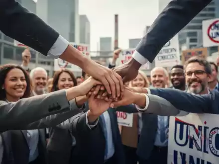 Eine Gruppe von Arbeitnehmern steht vereint da, einige halten Plakate oder Transparente, Hände sind solidarisch verschränkt oder erhoben. - Foto: über boerse-global.de