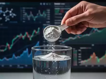 Eine Hand hält einen Messlöffel mit Kollagenpulver über einem Glas Wasser, im Hintergrund unscharfe Diagramme und Daten. - Foto: über boerse-global.de