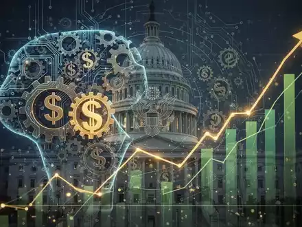 Abstract image showing AI technology merging with financial symbols and a subtle government emblem, representing public wealth funds in AI. - Foto: über boerse-global.de