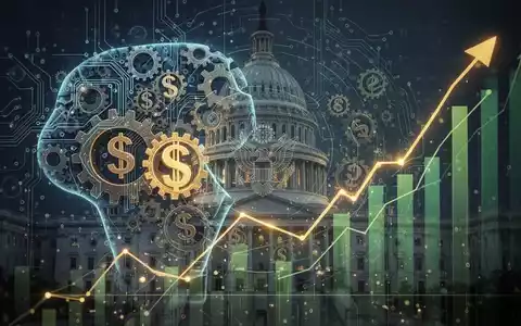 Abstract image showing AI technology merging with financial symbols and a subtle government emblem, representing public wealth funds in AI. - Foto: über boerse-global.de