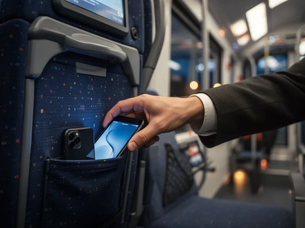 Eine Hand greift in eine Zugsitztasche, um ein Smartphone zu stehlen, im unscharfen Hintergrund ein moderner Regionalexpresszug. - Foto: über boerse-global.de