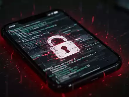 A smartphone screen showing abstract, glitching code or a digital lock icon with a red glow, symbolizing a mobile malware threat. - Foto: über boerse-global.de