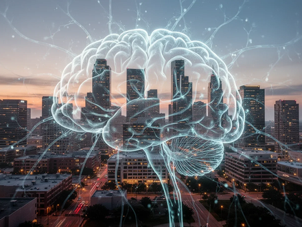 Eine stilisierte Gehirngrafik überlagert die Skyline von Houston in der Dämmerung, mit subtil leuchtenden neuronalen Pfaden. - Foto: über boerse-global.de
