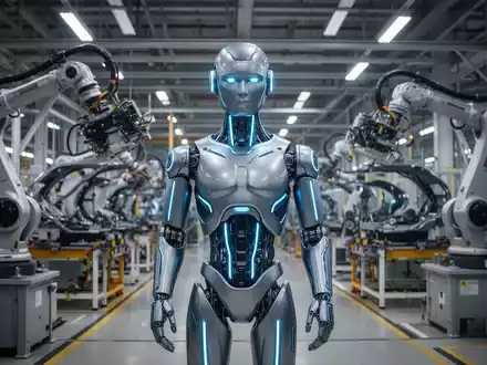 A humanoid robot with blue lights in an advanced factory setting, symbolizing BYD's expansion into robotics and AI. - Foto: über boerse-global.de