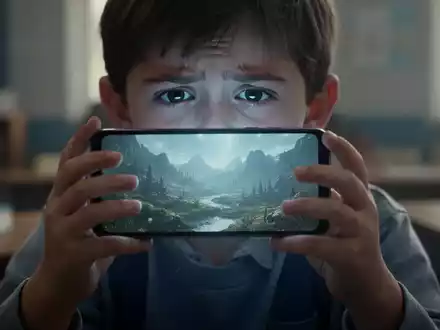 Ein Kind hält ein leuchtendes Smartphone in den Händen, dessen Bildschirm eine digitale Landschaft widerspiegelt. - Foto: über boerse-global.de