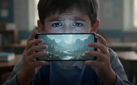 Ein Kind hält ein leuchtendes Smartphone in den Händen, dessen Bildschirm eine digitale Landschaft widerspiegelt. - Foto: über boerse-global.de