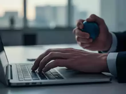 Eine Hand ruht auf einer Laptoptastatur, die andere Hand drückt einen Stressball. Büroatmosphäre. - Foto: über boerse-global.de