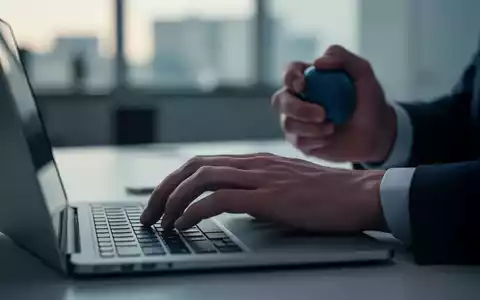 Eine Hand ruht auf einer Laptoptastatur, die andere Hand drückt einen Stressball. Büroatmosphäre. - Foto: über boerse-global.de