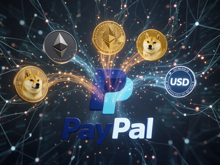Cryptocurrency symbols like Ethereum and Dogecoin integrating with the PayPal logo, representing digital finance and blockchain technology. - Foto: über boerse-global.de