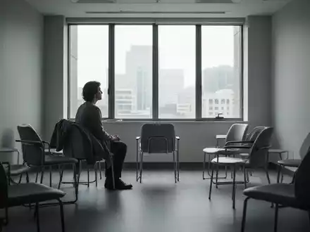 Eine einsame Person sitzt in einem Therapieraum und blickt nachdenklich aus einem Fenster. Der Raum ist spärlich möbliert. - Foto: über boerse-global.de
