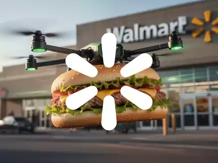 Ein stilisiertes Subway-Sandwich, das von einer Drohne geliefert wird, mit einem Walmart-Logo im Hintergrund. - Foto: über boerse-global.de