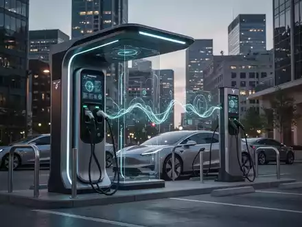 Eine futuristische Ladestation für Elektrofahrzeuge in einer nordamerikanischen Stadt bei Sonnenuntergang. - Foto: über boerse-global.de