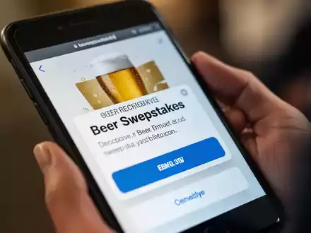 A smartphone screen showing a fake beer sweepstakes message, with a hand holding the phone. - Foto: über boerse-global.de