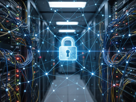 A glowing blue network grid overlaid on a server room, symbolizing cybersecurity and defense against digital threats. - Foto: über boerse-global.de