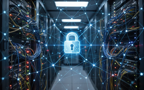 A glowing blue network grid overlaid on a server room, symbolizing cybersecurity and defense against digital threats. - Foto: über boerse-global.de