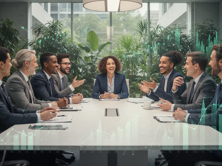 Eine Gruppe von Fachleuten diskutiert an einem Konferenztisch, umgeben von grünen Pflanzen, die Nachhaltigkeit symbolisieren. - Foto: über boerse-global.de