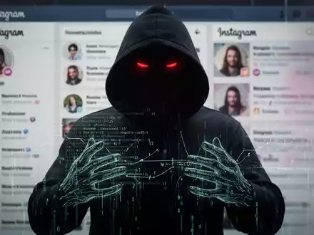 Eine dunkle, digitale Silhouette einer Kapuzengestalt mit leuchtend roten Augen vor einem verschwommenen Instagram-Interface. - Foto: über boerse-global.de