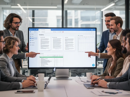 European tech professionals collaborating around a monitor displaying a browser-based office suite, symbolizing digital sovereignty. - Foto: über boerse-global.de