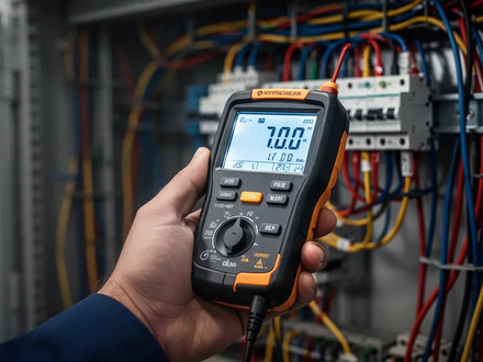 Nahaufnahme einer Hand, die ein elektrisches Prüfgerät hält, mit unscharfem Hintergrund aus Kabeln und Industrieanlagen. - Foto: über boerse-global.de
