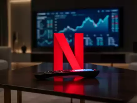 Eine stilisierte rote 'N' oder Fernbedienung auf einem Tisch vor einem unscharfen Fernseher mit Daten, der Netflix-Ergebnisse symbolisiert. - Foto: über boerse-global.de