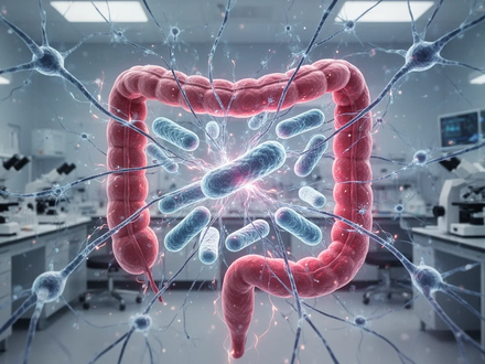 Mikroskopische Ansicht von Darmbakterien und Neuronen, verbunden durch leuchtende Linien, die die Darm-Hirn-Achse symbolisieren. - Foto: über boerse-global.de