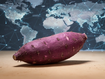 Eine einzelne, leuchtend violette Ube-Knolle liegt auf einer natürlichen Oberfläche, im Hintergrund verschwommen angedeutete Weltkarten und Netzwerke. - Foto: über boerse-global.de