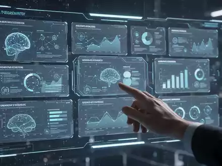 A holographic presentation interface with AI-generated slides and data, showing a hand interacting with the display. - Foto: über boerse-global.de